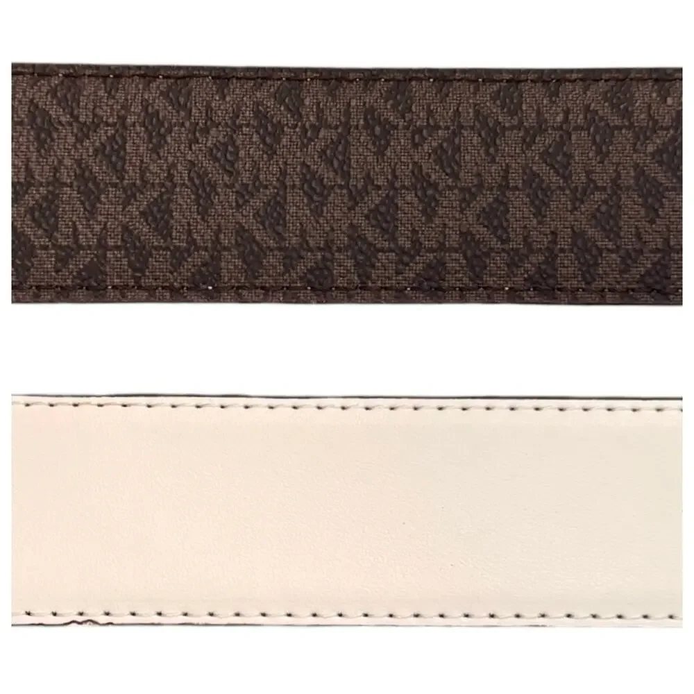 Michael Kors Reversible MK Logo Belt Brown Signature White Leather Gold XL
